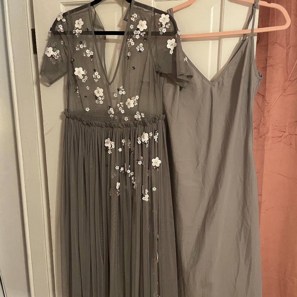 ASOS DESIGN midi dress with 3D embellished flowers and mesh skirt w/ slip